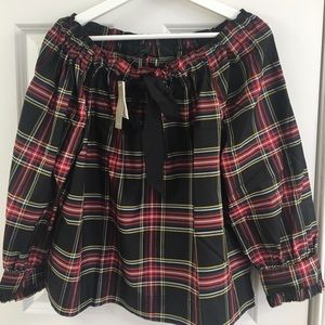 JCrew Off-The-shoulder Top in Stewart Tartan Plaid